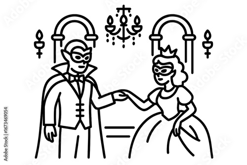 Illustration of a couple in costumes at a festive ballroom celebration