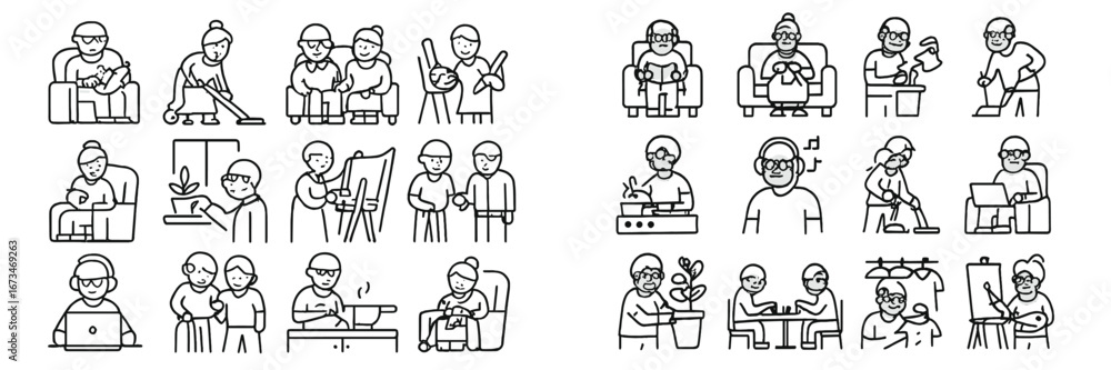 Naklejka premium Activities of elderly people illustrated in various home settings