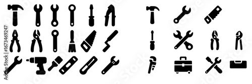 Variety of black silhouette tool icons for construction and repair