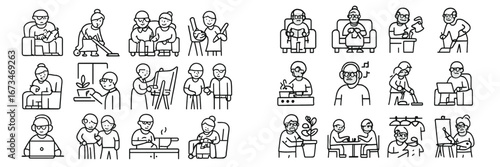 Activities of elderly people illustrated in various home settings