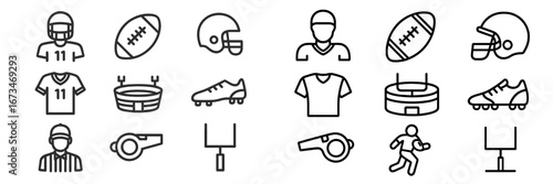 Icon set illustrating various football sports elements and activities