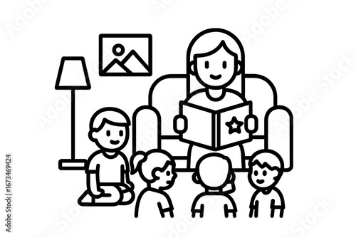 Story time session with children in a cozy living room