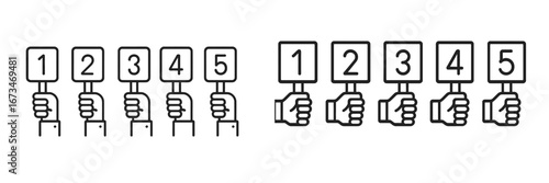 Hands holding scorecards numbered one to five in a row