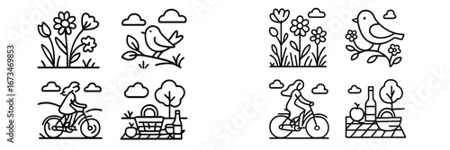 Vector illustration of nature scenes with cycling and birds