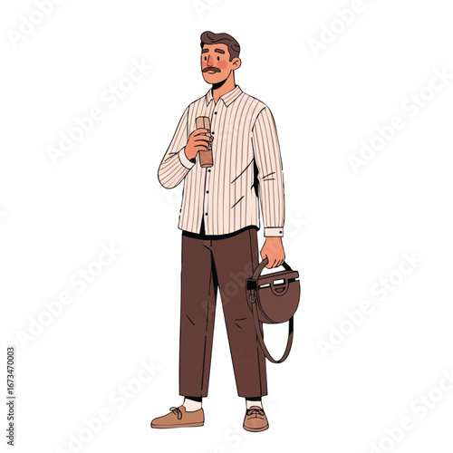 Casual man holding beverage and handbag in stylish outfit for modern lifestyle illustration 