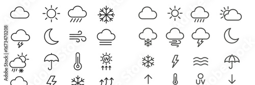 Weather icons collection featuring sun, clouds, rain, and snow