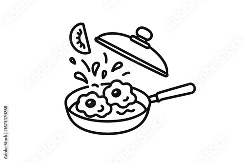 Cooking delicious eggs in a pan with splashes of oil and tomato
