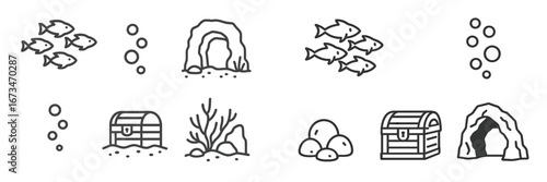 Vector-style underwater adventure with fish and treasures