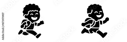 Happy children running joyfully with backpacks in bright vector style