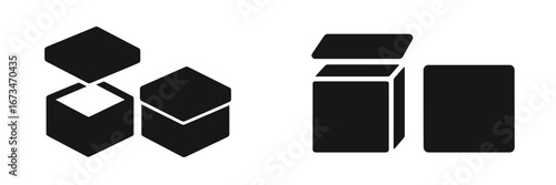 Two vector illustrations depict open and closed boxes