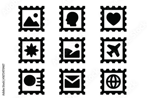 Collection of black and white vector postage stamp icons