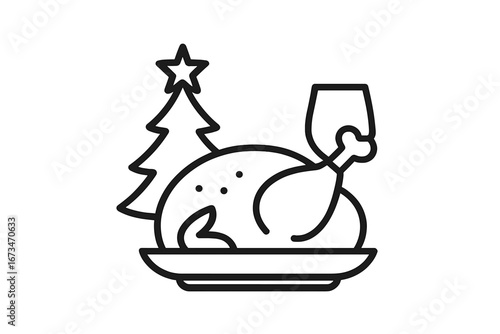 Festive dinner with roasted turkey and Christmas tree decoration