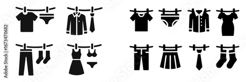 Clothes hanging on a line with various garments in a minimalist style