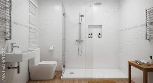 Wallpaper Mural Minimalist Modern Bathroom Interior Design with White Tiles, Walk-in Shower, Toilet, and Sink, Offering a Clean and Contemporary Aesthetic Torontodigital.ca