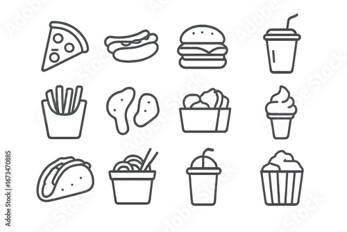 Food icons collection featuring fast food and desserts in vector style