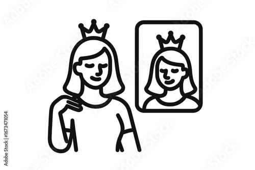 Princess looking confidently in mirror with crown on head