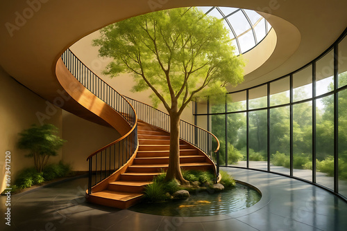 Wooden spiral staircase with tree and water feature in modern atrium nature image