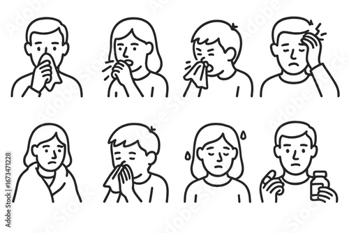Characters sneezing and feeling unwell illustrate health issues
