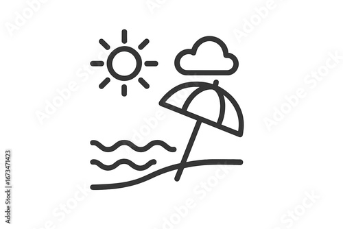 Sunny beach scene with umbrella and ocean wavy line art illustration