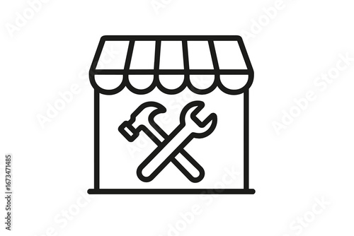 Handyman service shop front with tools in vector art style