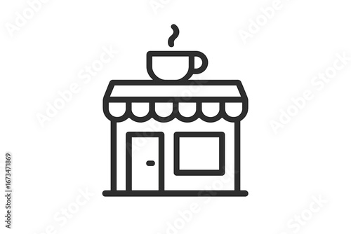 Minimalist vector illustration of a coffee shop with a cup on the roof