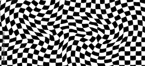 Curvy crayon hand-drawn checkerboard with optical distortion and digital flair. Deep race chalk or ink pattern for fashion, squiggle textile design, monochrome pastel charcoal drawn wallpaper. Vector