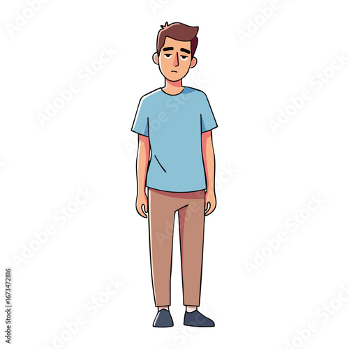 Young man standing with a neutral expression showcasing casual attire in a simple vector illustration style 