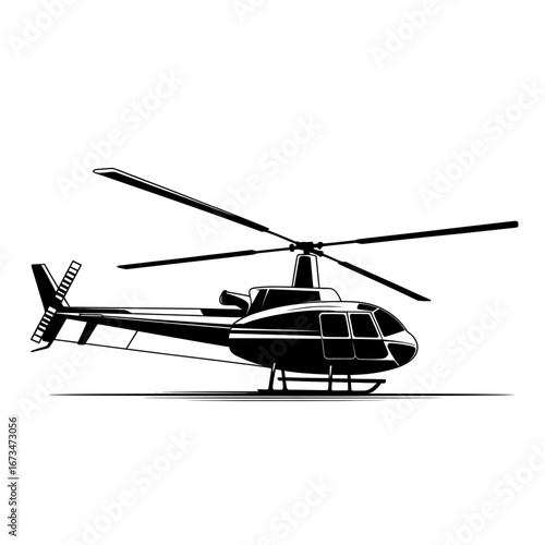 Black and white helicopter illustration isolated against a white background aviation transport and travel concept with rotor blades turning in flight