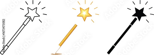 Three magic wands in different styles, including outline, golden color, and black silhouette