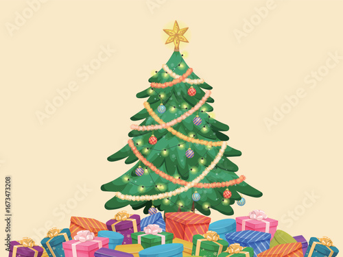 Christmas Tree with a lot of Colorful Gift Boxes Illustration 4x3