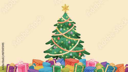 Christmas Tree with a lot of Colorful Gift Boxes Illustration 16x9