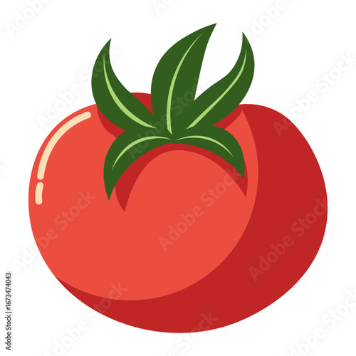 Red tomato vegetable illustration with leaves, fresh organic clipart for cooking, salad, gardening, diet, nutrition, farming, and healthy food.