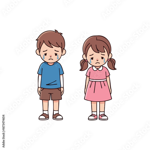 Sad children expressing feelings of disappointment and sadness in colorful attire 