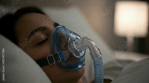 Woman sleeping peacefully with CPAP mask, representing restful sleep and health recovery.