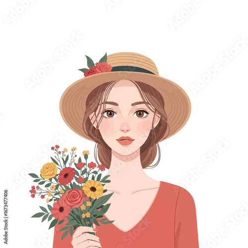 Young woman holding a bouquet of colorful flowers in a stylish hat, celebrating nature and beauty 