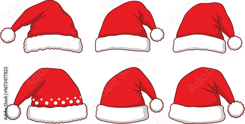 Set of Red Santa Hats in Classic Christmas Style for Holiday Decoration, Costume Design, Winter Celebration, and Festive Illustrations