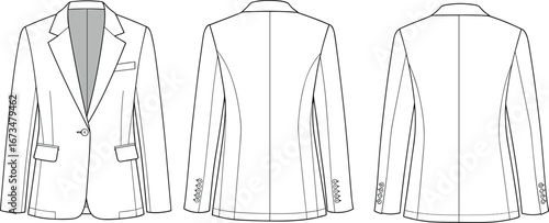 Formal blazer technical sketch, front and back view, fashion cad drawing, vector template, detailed clothing illustration, flat fashion design