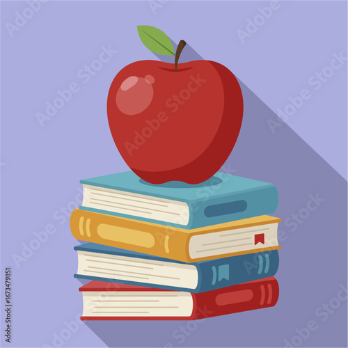A bright red apple rests atop a stack of colorful, open books, symbolizing knowledge and education against a soft purple background.