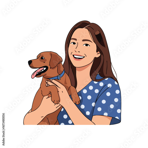 Woman smiling joyfully while holding a dog in her arms, showcasing a loving bond between pet and owner 