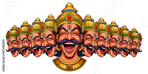 Vector illustration of laughing Ravana Heads on transparent background