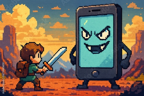 A pixel art hero fights a menacing, giant smartphone monster.