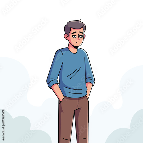 Young man standing with hands in pockets, looking thoughtful against a cloudy background for introspective illustrations 