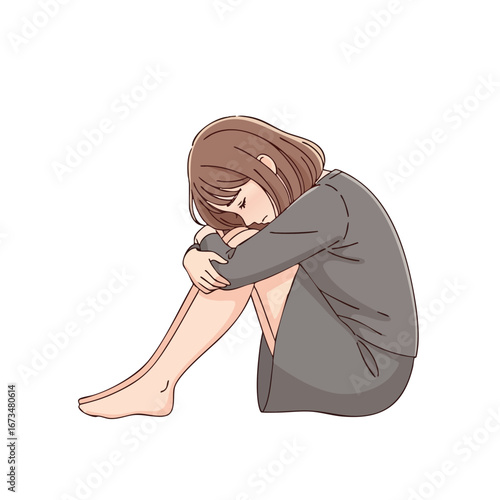 Sad girl sitting with her knees hugged, expressing emotions in a minimalist vector illustration style 