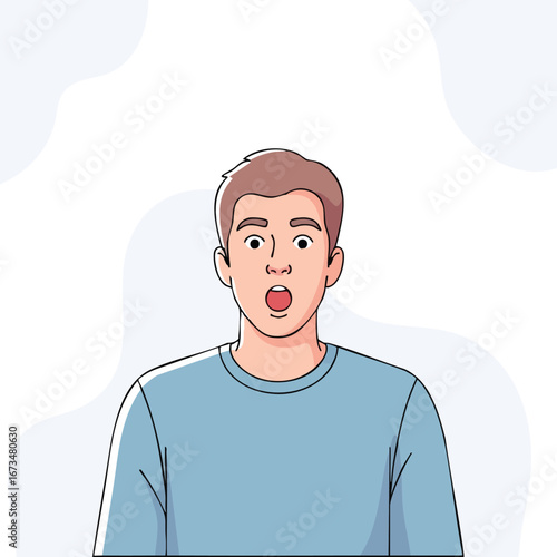 Surprised young man with open mouth expressing shock and disbelief in a casual blue shirt 