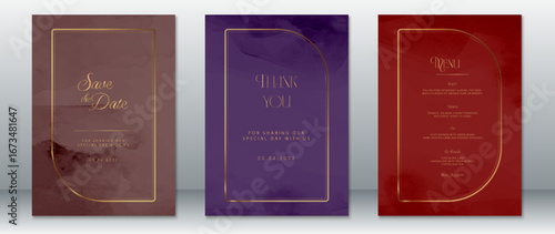 Elegant wedding stationery set featuring burgundy, purple, and red marble textures with refined gold frames. Includes save the date, thank you card, and dinner menu.