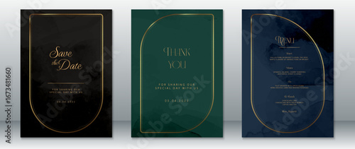 Elegant wedding stationery set featuring black, emerald-green, and navy-blue marble textures with refined gold frames. Includes save the date, thank you card, and dinner menu.