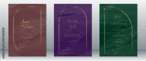 Elegant wedding stationery set featuring burgundy, purple, and green marble backgrounds with refined gold frames. Includes save the date, thank you card, and dinner menu.