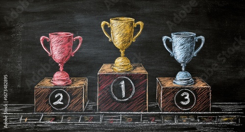 Chalk-drawn trophies on tiered podiums (1)