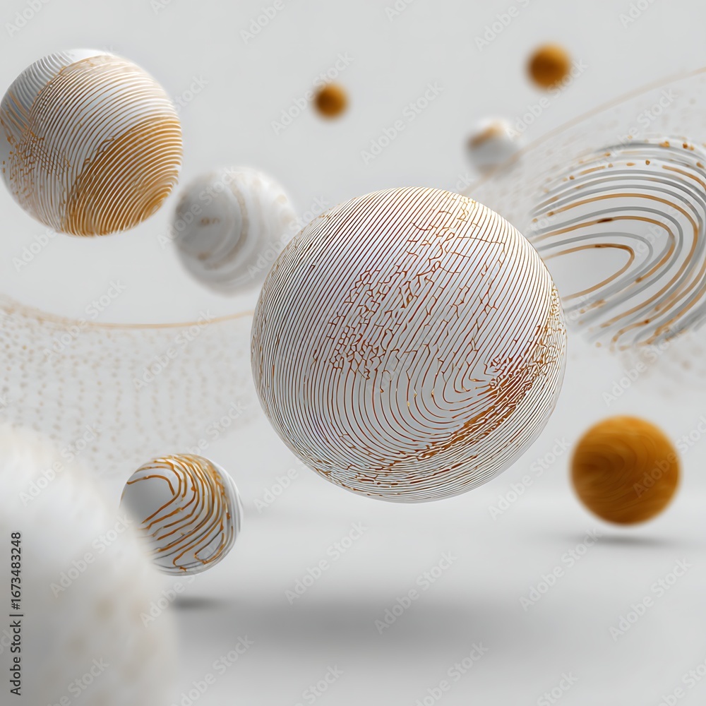 Fototapeta premium Abstract spheres with intricate textures floating in white space