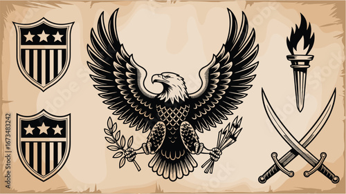 Fierce bald eagle with spread wings in tattoo style 